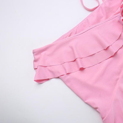 Halter flower applique ruffle irregular crop top