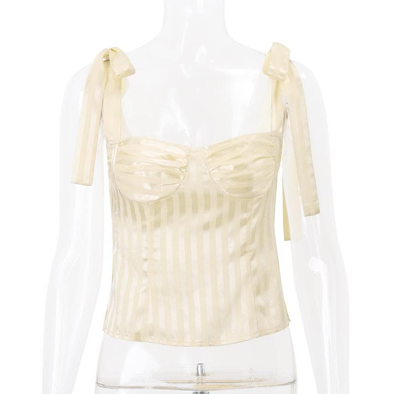 Striped smocked bowknot ribbon cami top