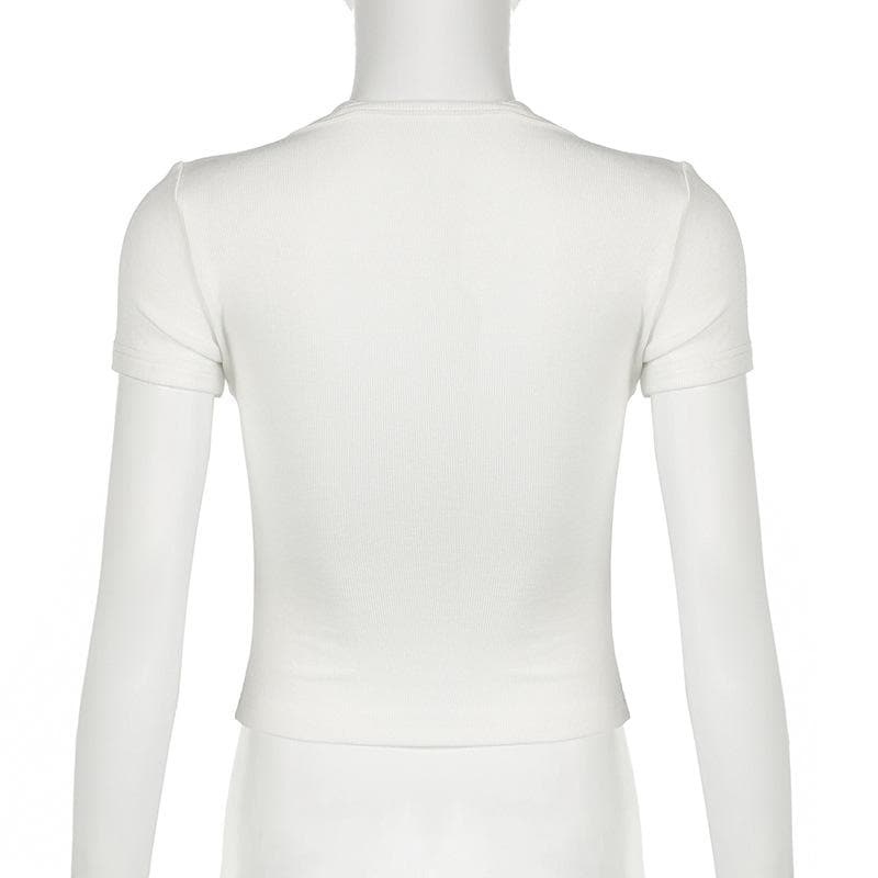 Short sleeve lace hem ribbed bowknot button crop top