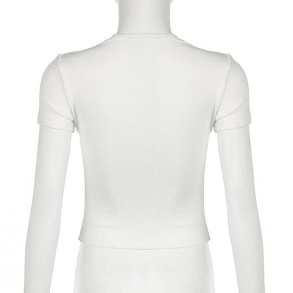 Short sleeve lace hem ribbed bowknot button crop top