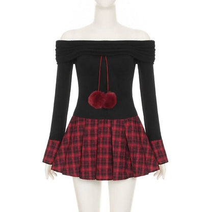 Off shoulder long sleeve plaid fluffy mini dress
