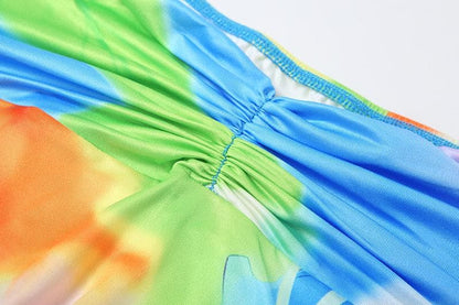 Short sleeve ruched contrast print maxi skirt set-final-sale