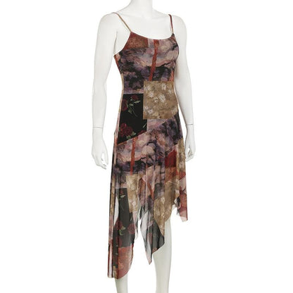 U neck ruffle irregular patchwork print cami midi dress