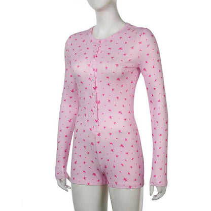 Long sleeve crewneck button flower print romper