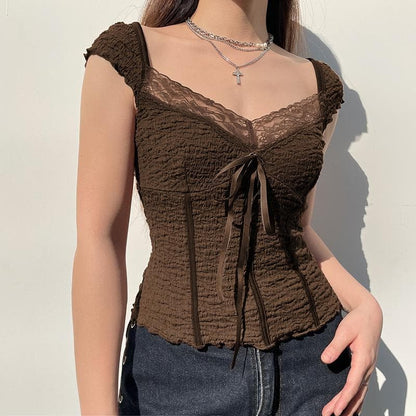 Textured cap sleeve lace hem solid backless top