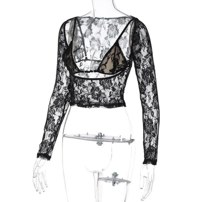 Long sleeve hollow out contrast lace 2 piece cut out top