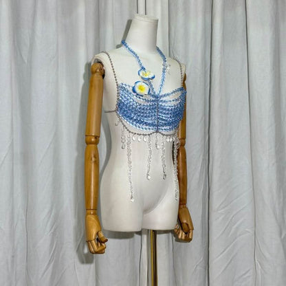 Halter beaded hollow out flower applique cami cut out top