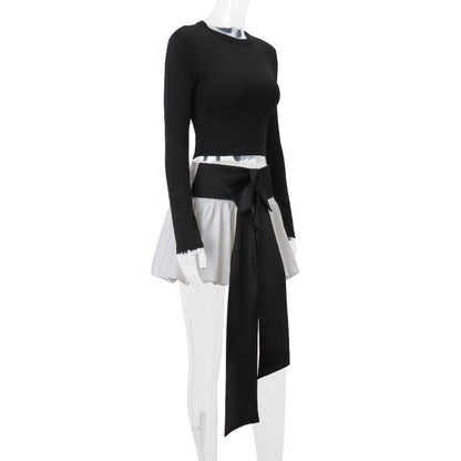 Long sleeve crewneck bowknot lace up ribbon ruched mini skirt set