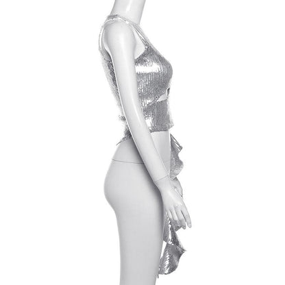 Crewneck glitter hollow out ruffle irregular crop cut out top