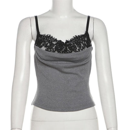Lace patchwork ruched contrast cami top
