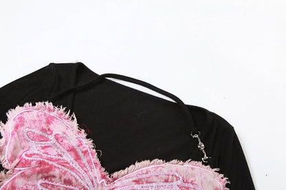 Long sleeve v neck butterfly embroidery halter contrast top-final-sale