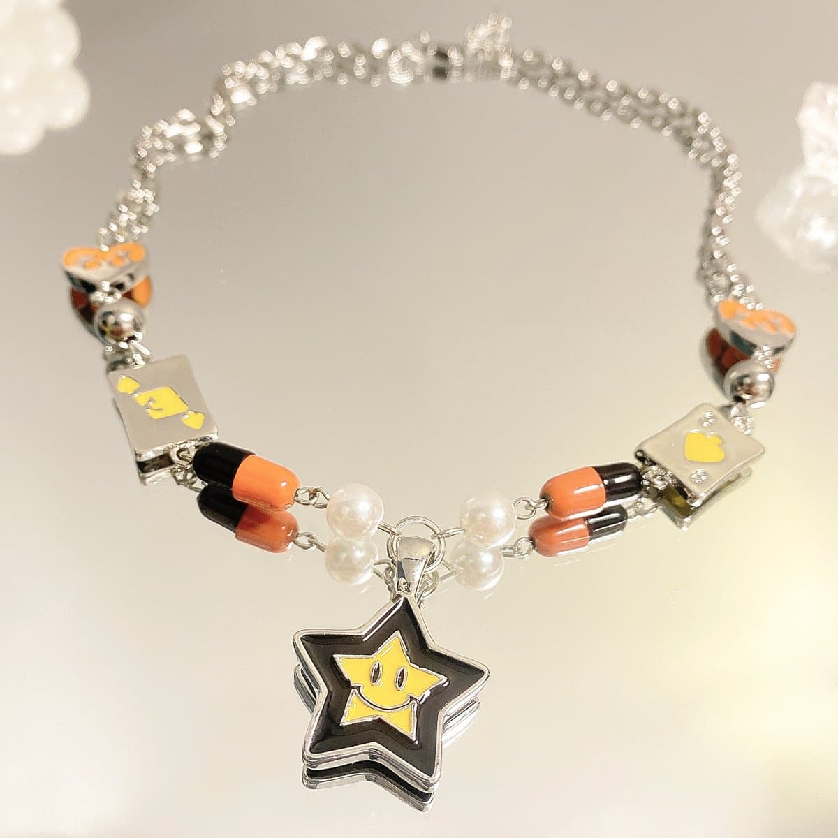Star pendant chain faux pearl necklace