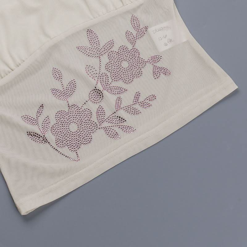 U neck beaded flower pattern mesh cami mini skirt set