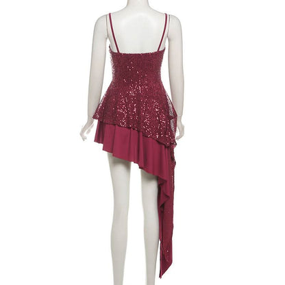 Square neck glitter irregular cami mini dress