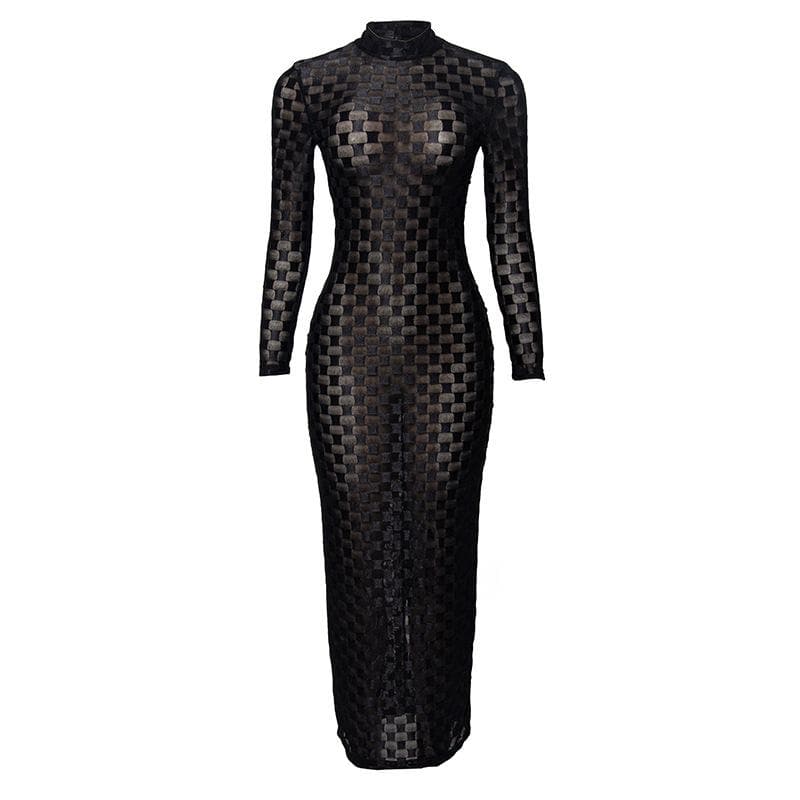 Mock Neck Long Sleeve Sheer Mesh Checkerboard Print Bodycon Maxi Dress