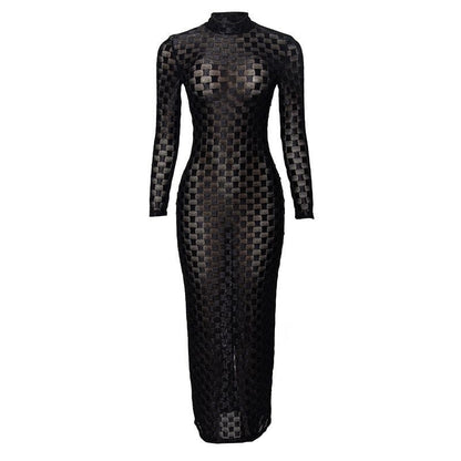Mock Neck Long Sleeve Sheer Mesh Checkerboard Print Bodycon Maxi Dress
