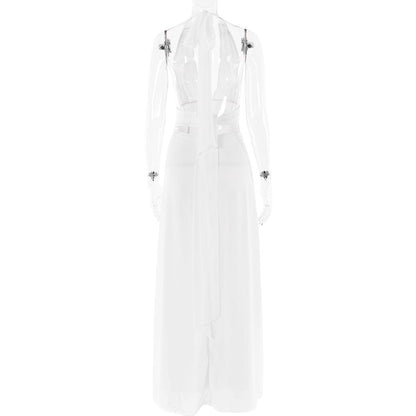 Halter deep v neck ruched high slit maxi dress