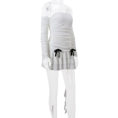 Long sleeve off shoulder ruched bowknot backless ruffle mini dress
