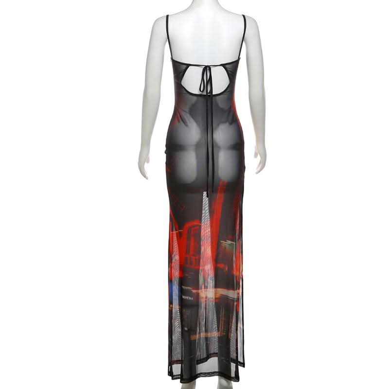 Abstract mesh high slit cami maxi dress
