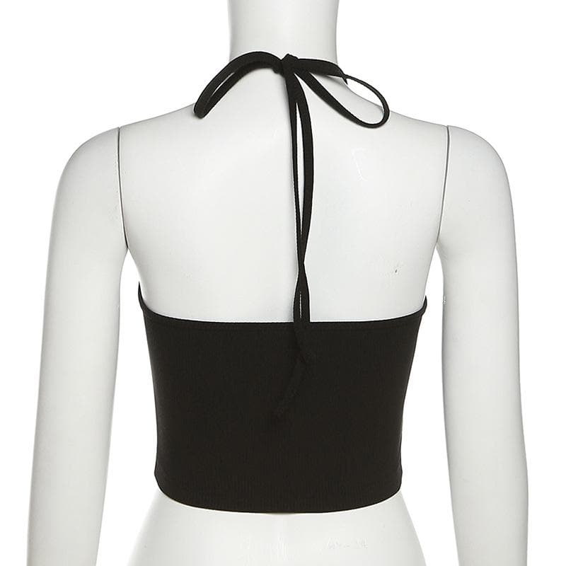 Halter contrast star pattern self tie backless crop top