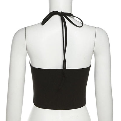 Halter contrast star pattern self tie backless crop top