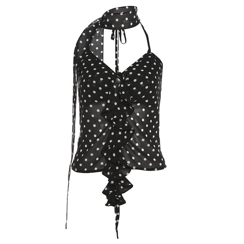 Halter polka dot ruffle chiffon 2 piece see through top