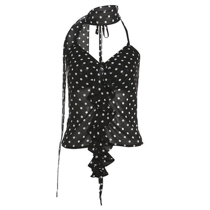Halter polka dot ruffle chiffon 2 piece see through top