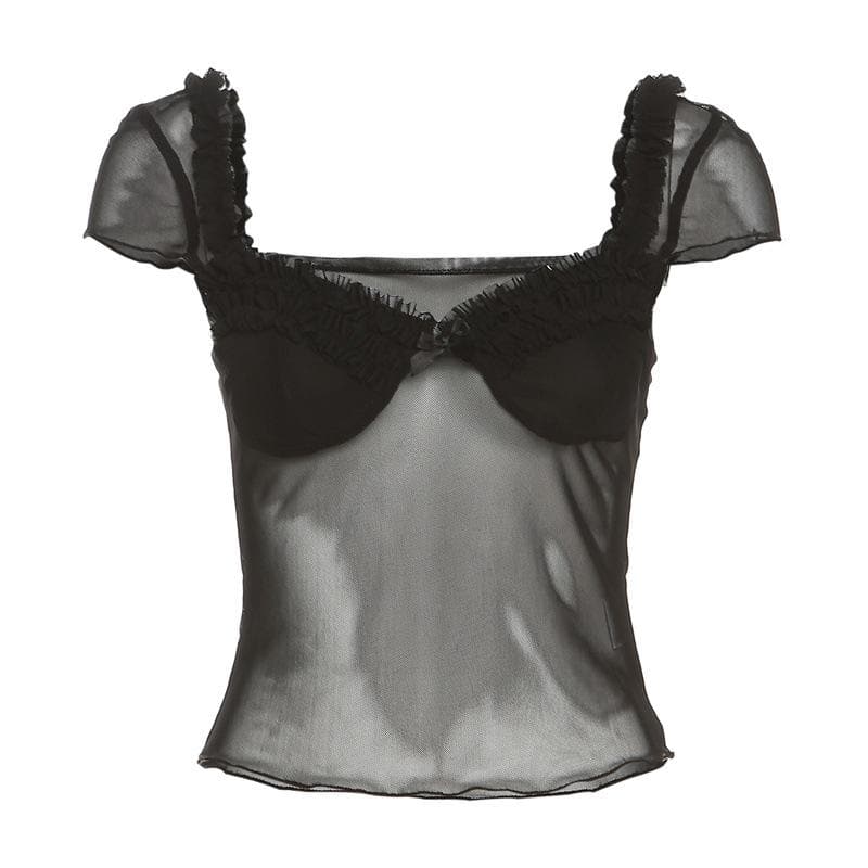 Ruffle v neck mesh patchwork solid cap sleeve backless top