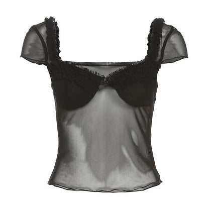 Ruffle v neck mesh patchwork solid cap sleeve backless top