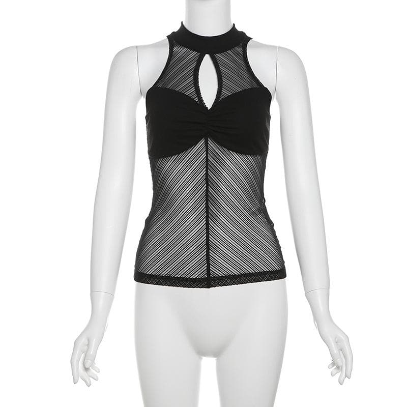 High neck ruched hollow out mesh zip-up tank cut out top