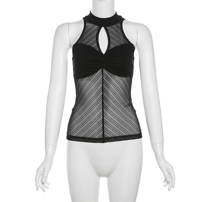 High neck ruched hollow out mesh zip-up tank cut out top