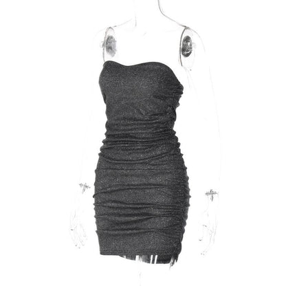 Strapless All-Over Ruched Glitter Knit Bodycon Tube Mini Dress