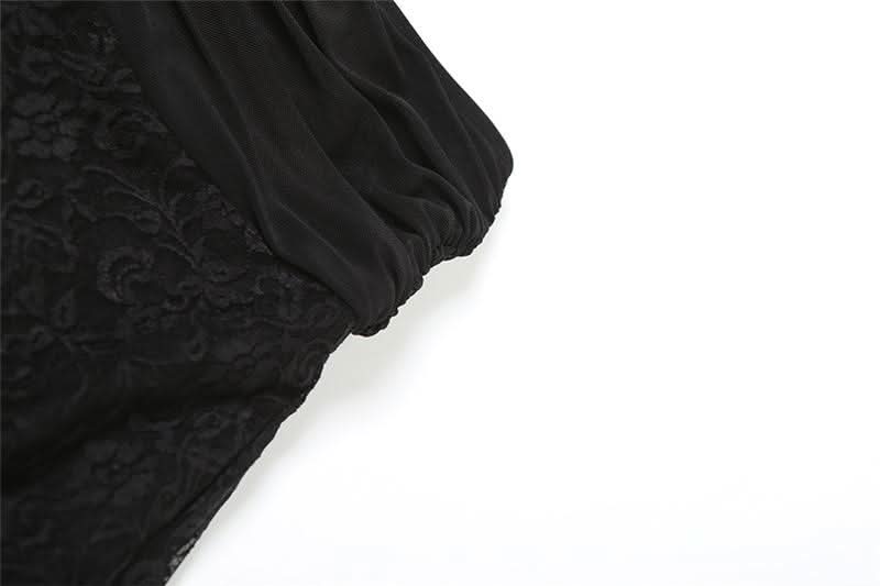 Lace mesh patchwork ruched ruffle midi skirt