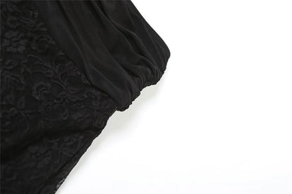 Lace mesh patchwork ruched ruffle midi skirt