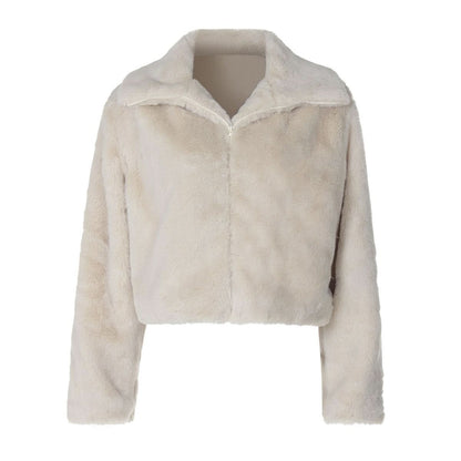 Turnover collar long sleeve fluffy zip-up top
