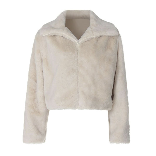 Turnover collar long sleeve fluffy zip-up top
