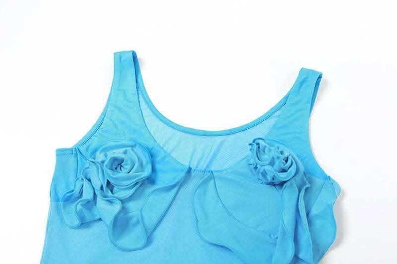 Flower applique v neck mesh patchwork ruched sleeveless mini dress-final-sale