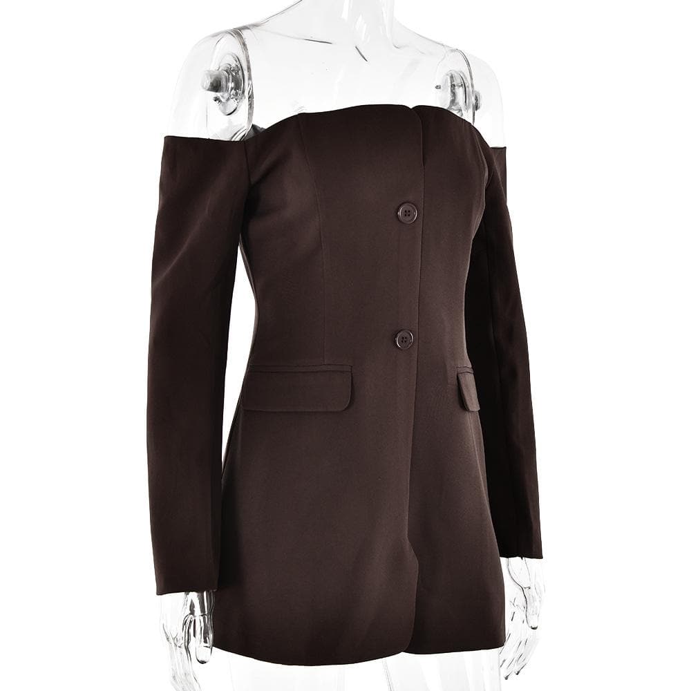 Long sleeve off shoulder button pocket mini dress
