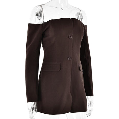 Long sleeve off shoulder button pocket mini dress