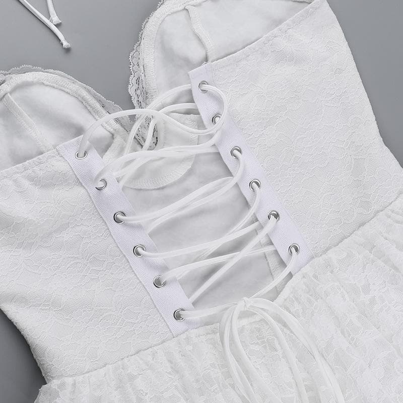 Halter lace up stitch lace backless mini dress