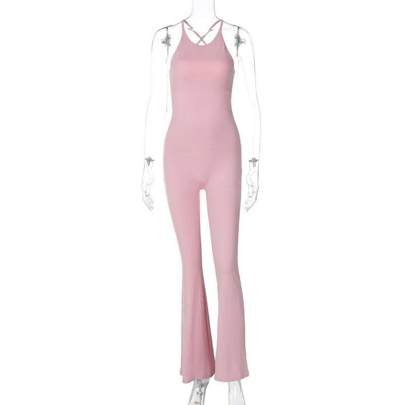 U neck cross back solid backless cami jumpsuit