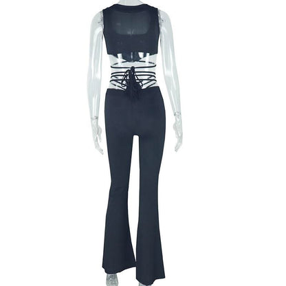 Zip-up self tie ribbed square neck solid pant set