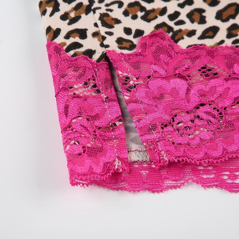 Leopard print lace hem slit cami top