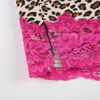 Leopard print lace hem slit cami top