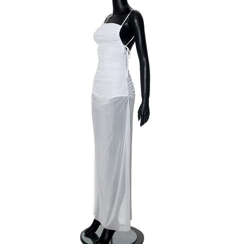 Ruched mesh high slit backless cami maxi dress