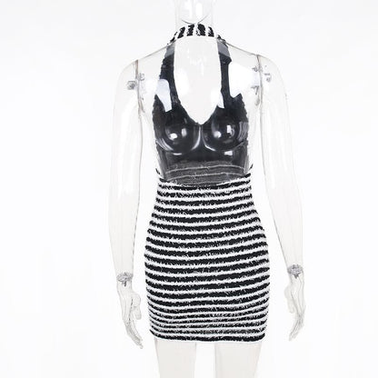 Contrast Striped Fuzzy Knit Halter Neck Backless Bodycon Mini Dress