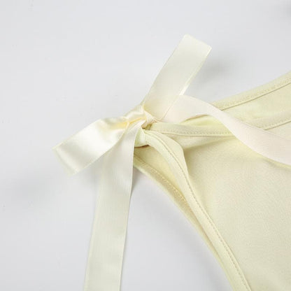 Bowknot ribbon ruched crewneck crop top