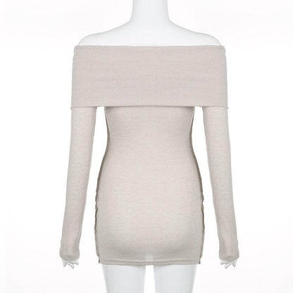 Ribbed off shoulder solid long sleeve stitch top