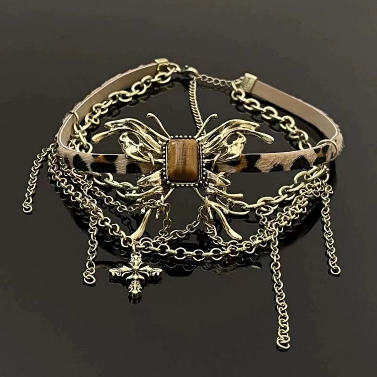 Butterfly pattern leopard print choker necklace
