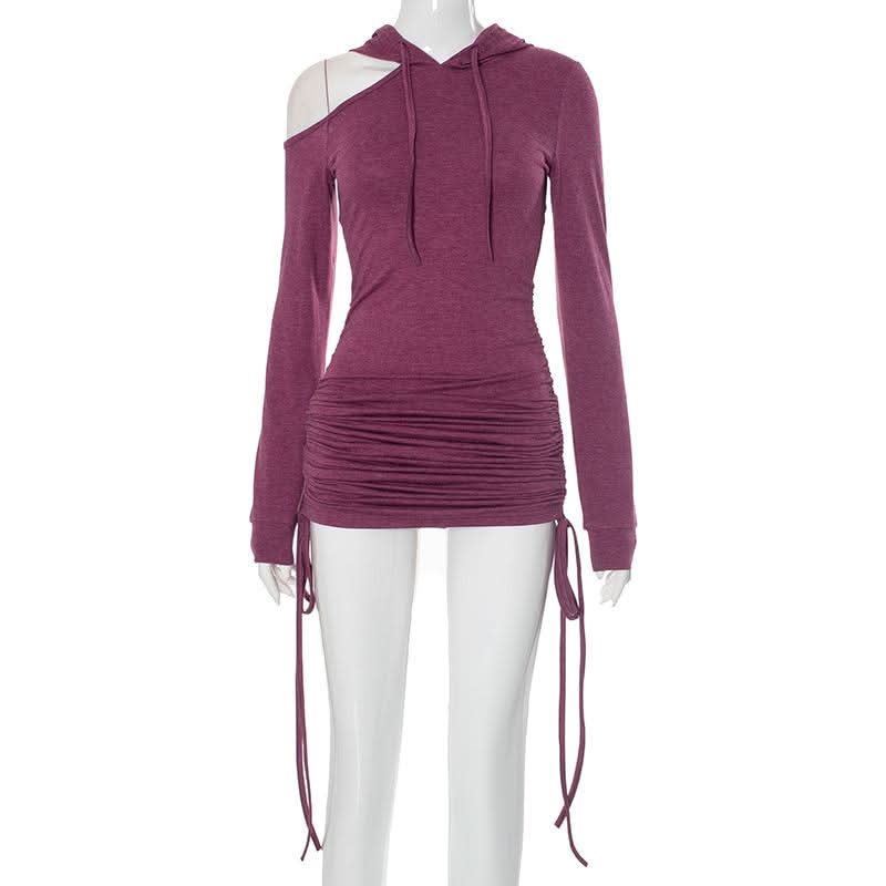 Hoodie long sleeve drawstring off shoulder mini dress